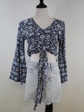 American Eagle Floral Tie Front Crop Top XS Boho Bell Sleeve Viscose